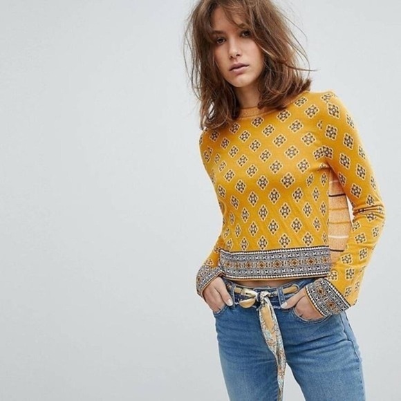 Free People Yellow New Age Print Cotton Blend Crew Neck Sweater - Picture 3 of 8